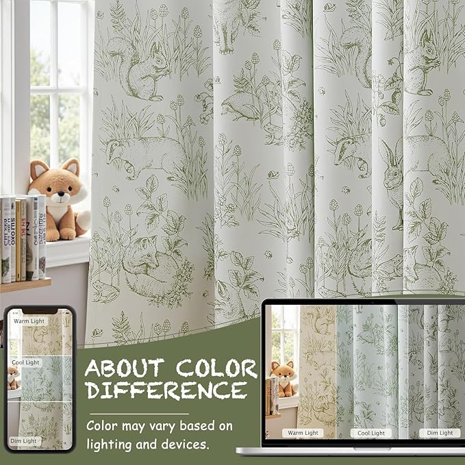 jinchan Blackout Nursery Curtains 84 Inches Long, Bunny Woodland Toile Curtains Sage Green on Beige Animal Printed Drapes for Bedroom Rod Pocket Thermal Insulated Farmhouse Window Treatment 2 Panels