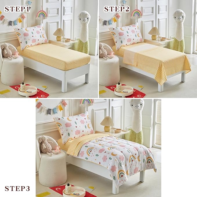 Joyreap 4 Piece Toddler Bedding Set for Girls- Pink n Yellow Clouds Moon Rainbow Lovely Design, Microfiber Toddler Bedding Comforter Set for All Seasons