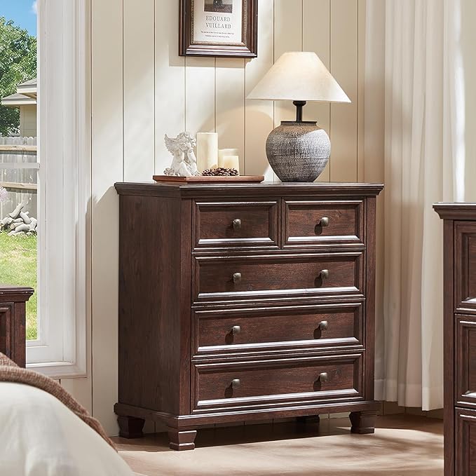 Farmhouse Bedroom Dresser and Nightstand Set of 4, 6 Drawer Low & 5 Drawers Dresser & 2 Drawer Nightstand Set, Rustic Wood Furniture Set for Bedroom, Hallway, Walnut