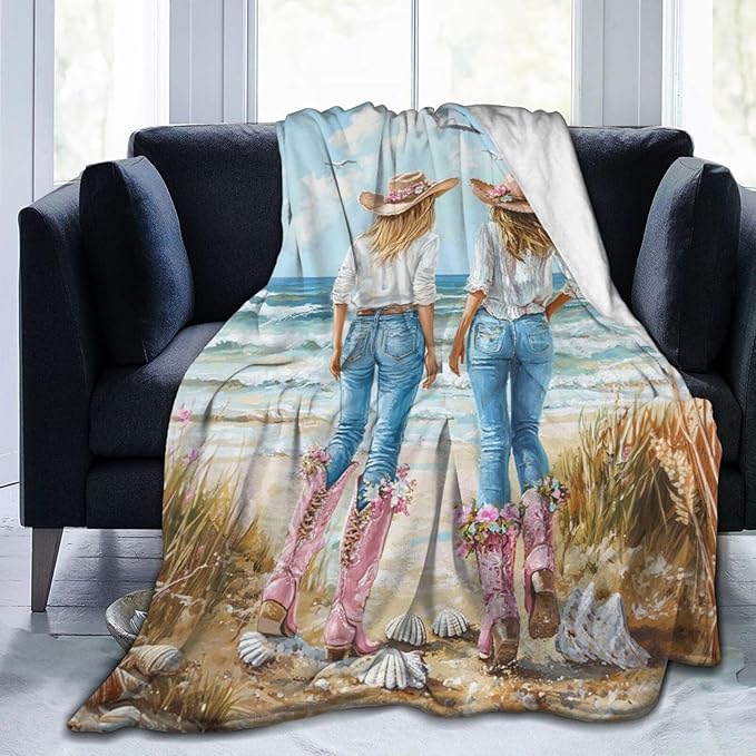 Coastal Cowgirl Blanket Cowgirl Beach Decor Throw Blanket Super Soft Flannel Lightweight Fluffy Plush Fuzzy Fleece Western Blanket Gifts for Girl Woman Boys Kids Adults Man for Bed Sofa 60"X80"