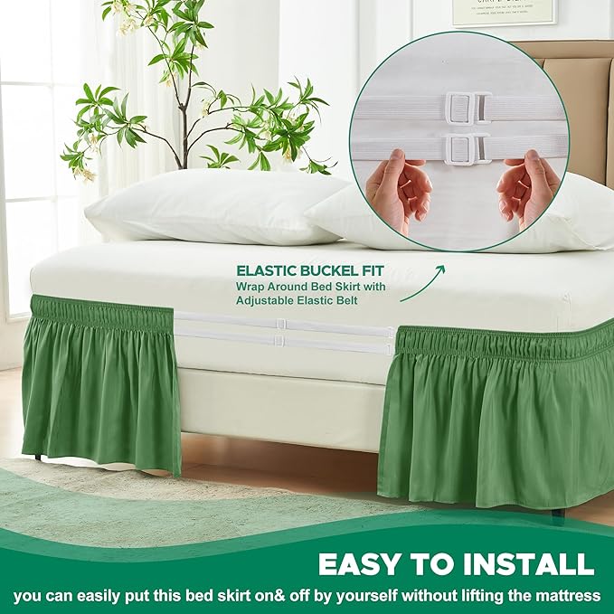 Biscaynebay Wrap Around Bed Skirts for King & Cal King Beds 19" Long Drop, Sage Adjustable Elastic Dust Ruffles Easy Fit Wrinkle Resistant Silky Luxurious Fabric Machine Washable