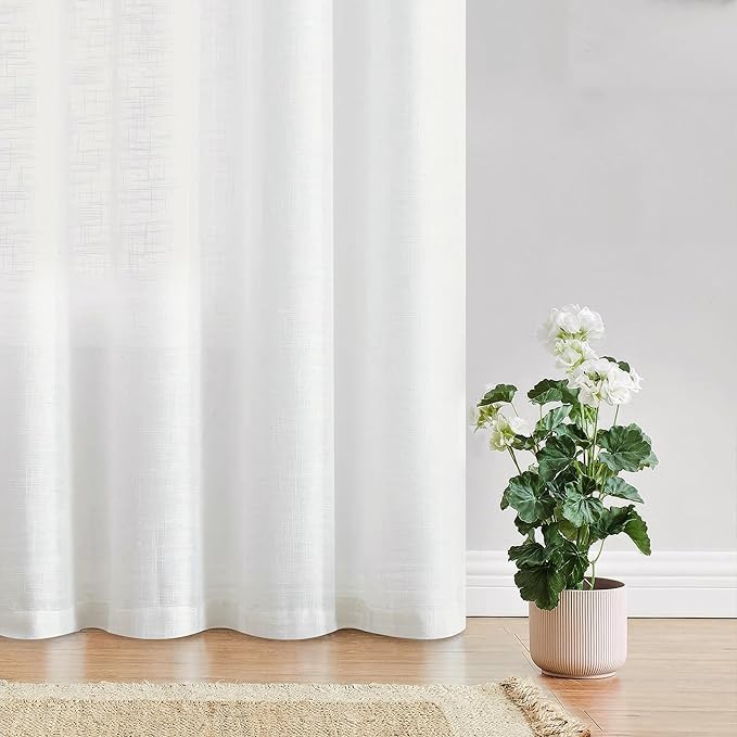 FMFUNCTEX Linen Semi Sheer White Curtains for Bedroom Living Room, Curtain Panels 63 Inch Length Sheer Linen Textured Window Drapes Farmhouse Light Filtering 2 Panels Rod Pocket