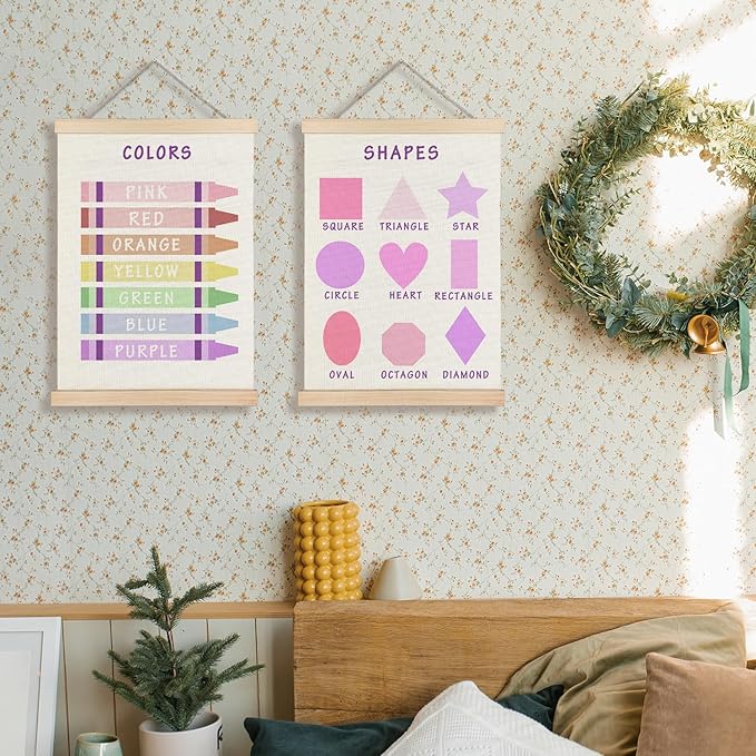 Supwhd Shapes Colors Posters for Classroom Wall, Shapes Colors Learning Poster Hanger Frame Wall Decor for Classroom Nursery Kids Room Playroom Preschool Decor, 12x16 Set of 2（Purple）