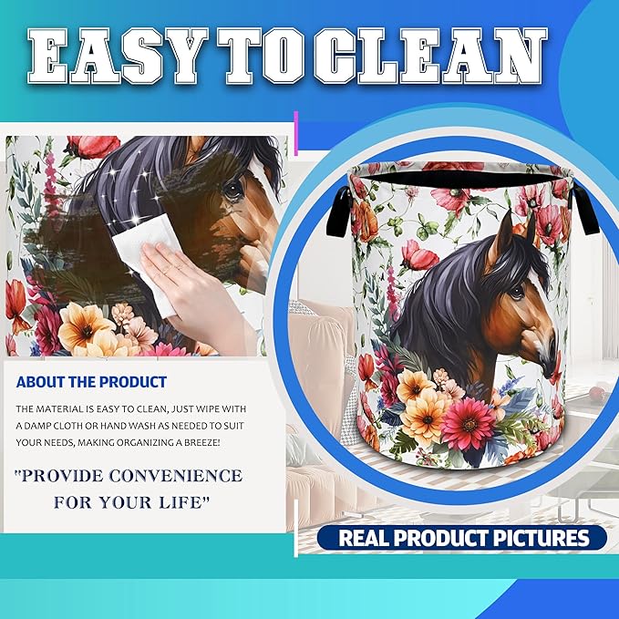 Beautiful Horse Flowers Laundry Basket Oxford Cloth Laundry Hamper With Handle Foldable Portable Clothes Storage Basket 18.9 X 16.5 Inch Storage Bag For Laundry Room/Bathroom/Bedroom/Dormitories