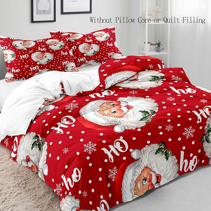 LUVIVIHOME 3PCS Santa Claus Duvet Cover Queen Bedding Sets, Red Duvet Cover, Christmas Bedding, Polka Dot Snowflake Holiday New Year Xmas Gifts Christmas Comforter Bedspread Quilt Cover 2 Pillow Cases