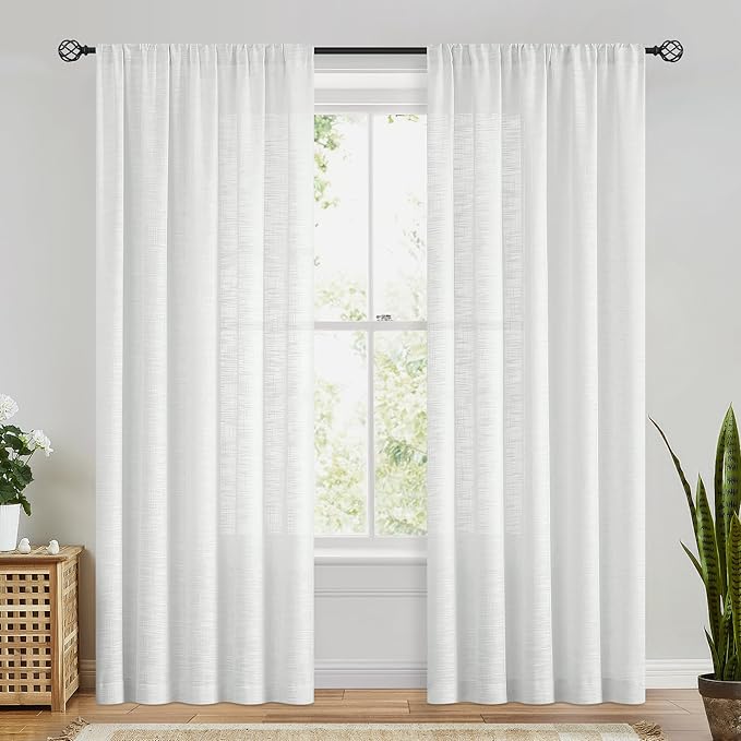 FMFUNCTEX Linen Semi Sheer White Curtains for Bedroom Living Room, Curtain Panels 84 Inches Long Sheer Linen Textured Window Drapes Farmhouse Light Filtering 2 Panels Rod Pocket