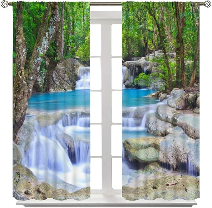 Forest Waterfall Blackout Curtains, Spring Nature Theme Natural Scenery Mountain Scenery Rod Pocket Window Drapes, for Bedroom Living Room 42" W X 63" L