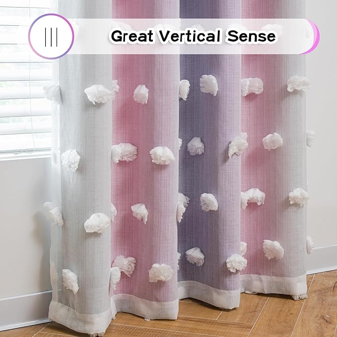 MYSKY HOME Pom Pom Curtains Blackout and Sheer Curtains for Girls Bedroom Ombre Nursery Curtains 84 Inch Long Room Darkening Princess Double Layer Curtains with Grommet Top Pink Purple 52 x 84 in