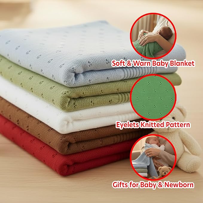 Baby Knit Blanket, 100% Cotton Eyelet Patterns, Soft, Cozy, Lightweight Swaddle for Newborn & Infant Swaddling Beige Neutral, Perfect Baby Shower Ideas Green 30x40