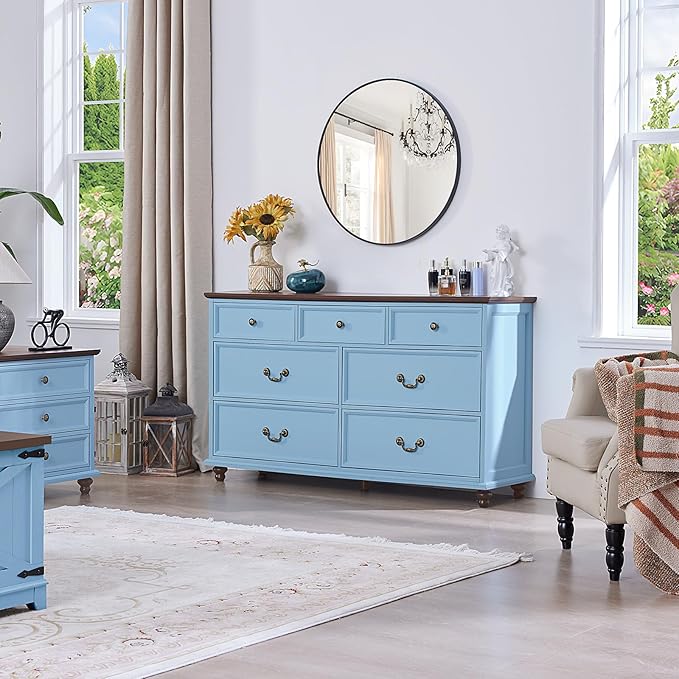 Farmhouse Dresser and Nightstand Sets, Wood 54" Wide Dresser & 24" Night Stand with Charging Station, 2 Piece Bedroom Furniture Set, Chest of Drawers for Bedroom, Home, Living Room, Hallway