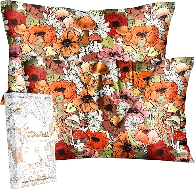 Silk Pillowcase 2 Pack - Pillow Cases 20" x 36" King Size Set of 2 for Hair and Skin Smooth Soft Breathable with Hidden Zipper Cooling Pillow Covers for Sleeping, Mushroom Bushes