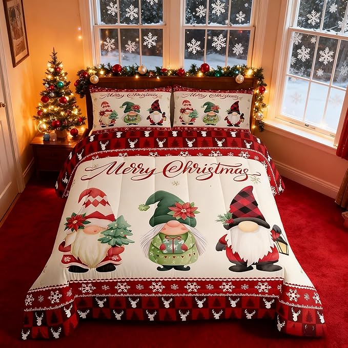 Merry Christmas Kids Comforter Set Twin Size,Deer Antler Santa Claus Bedding,Girls Boys Adults Bedroom/Xmas Cabin Decor,Snowflake Pine Trees Plaid Down Comforter,Rustic Duvet Insert,1 Pillowcase