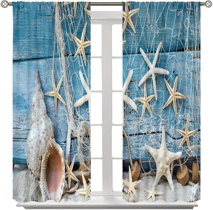 Marine Life Blackout Curtains Watercolor Water Grass Shell Print Curtains for Living Room Bedroom Privacy Curtains 42x44 Inches