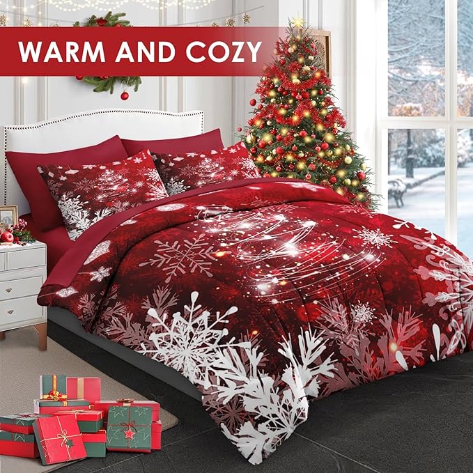7 Pcs King Size Christmas Comforter Set with 2 Pillowcases & 2 Shams, Red Glitter Xmas Tree Bedding for Kids and Adults, White Elegant Snowflake Bed in a Bag with Flat Fitted Sheet
