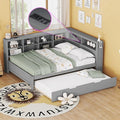 Harper & Bright Designs Full Size Daybed With Trundle and Charging Station, Wooden Storage Bed Frame With L-Shaped Bookcases, Platform Bed With Shelves for Kids Girls Boys, Gray