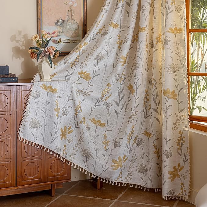 ENJOYBRIDAL Yellow Floral Curtains 84 Inch Length 2 Panels Set Living Room Floor Length Drapes Bedroom Boho Farmhouse Semi Sheer Window Curtain Panels Rod Pocket Tassel Dining Room Window Treatments
