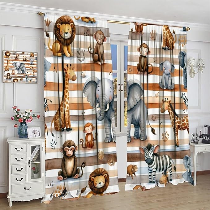 Kids Animal Curtains Elephants Giraffes Monkeys Lions Zebras Window Treatment for Kids Boys Girls Nursery Baby Bedroom Playroom Home Decor Window Drapes 52" W X 84" L