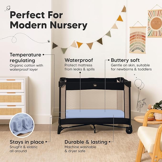 2-Pack Pack and Play Sheets, Waterproof Mini Crib Sheets Fitted - Organic Cotton Pack N Play Sheets for Graco Pack and Play Mattress, Playard Baby Crib Sheets, Neutral for Boy,Girl,Toddler(Blue Flax)