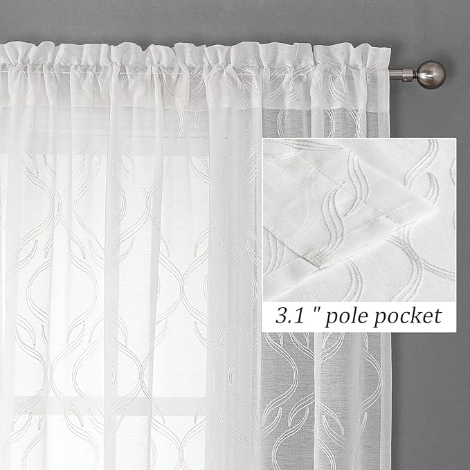 VISIONTEX Sheer Curtains 72 Inches Long 2 Panels Set, White Moroccan Embroidery Texture Geometric Rod Pocket White Voile Tulle Semi Window Treatment Pair for Bedroom, W54 x L72