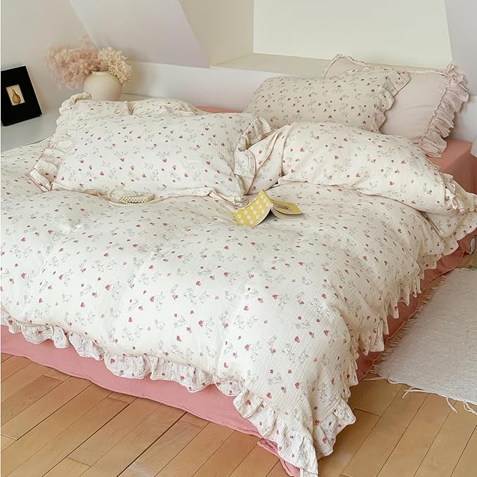 BuLuTu Chic Shabby Vintage Floral Duvet Cover Twin for Kids Girls Boys 100% Cotton Muslin Ruffled Quilt Cover Twin, 68"x86", Flower Rabbit Print, Soft Breathable, Zipper Closure, No Pillowcase