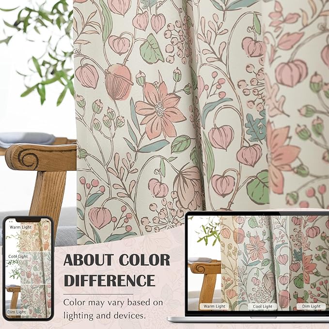 jinchan Nursery Curtains 95% Blackout Pink 72 Inch Long Floral Curtains for Girls Room, Farmhouse Drapes for Living Room Bedroom Darkening Window Treatment Grommet Top Set of 2 Panels