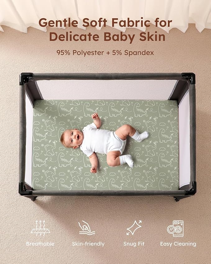 Pack and Play Sheets Fitted, 3 Pack Soft Stretchy Baby Mini Crib Sheets for Pack N Play Mattress and Portable Playard Sheets for Boys and Girls Brown Giraffe Elephant