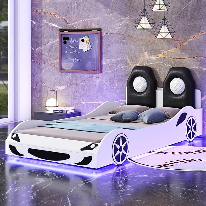 Harper & Bright Designs Wood Twin Size Race Car-Shaped Platform Bed with LED and Upholstered Backrest, White