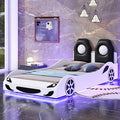 Bellemave Wood Twin Size Race Car-Shaped Platform Bed with LED and Upholstered Backrest, Kid's Platform Bed Frame with Race Car-Shaped and Safety Guardrails for Kids, Boys, Girls.(White)