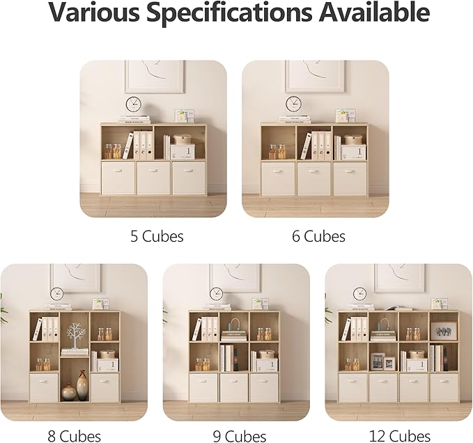 Bookshelf 12-Cube Storage Organizer, Sturdy Wooden Bookcase with Closed Back Panel, Multipurpose Display Shelf for Home Office, Bedroom, Study, 47.72" L x 9.45" W x 35.98" H, White Oak