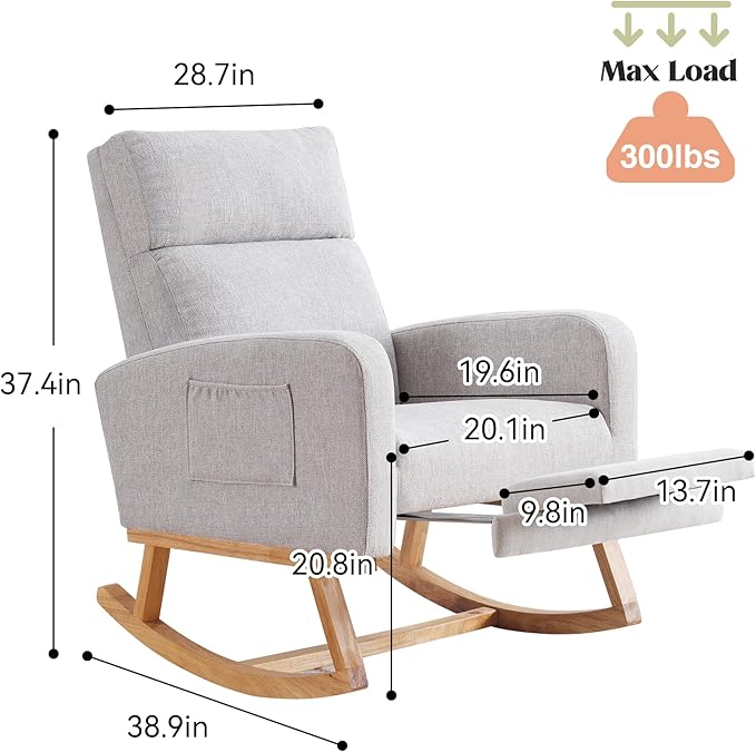 Rocking Chair Nursery, Nursing Rocking Chairs with Foot Rest for Mom Breastfeeding, Rocker Glider Chair with High Backrest for Living Room, Bedroom, Light Gray