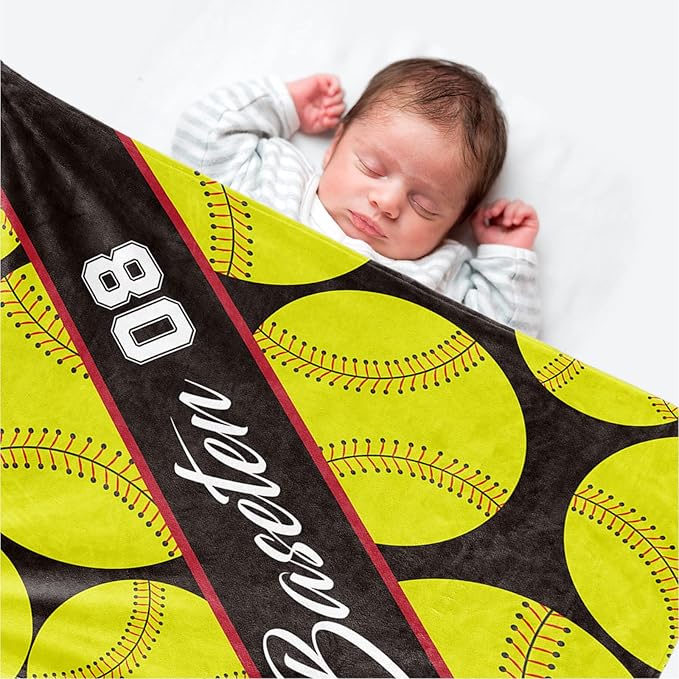 Personalized Softball Baby Blanket Gifts: Custom Soft Flannel Fabric Blankets with Name Number for 0-6 Years Kids Boys Girls - Warm and Comfortable(30X40inch)