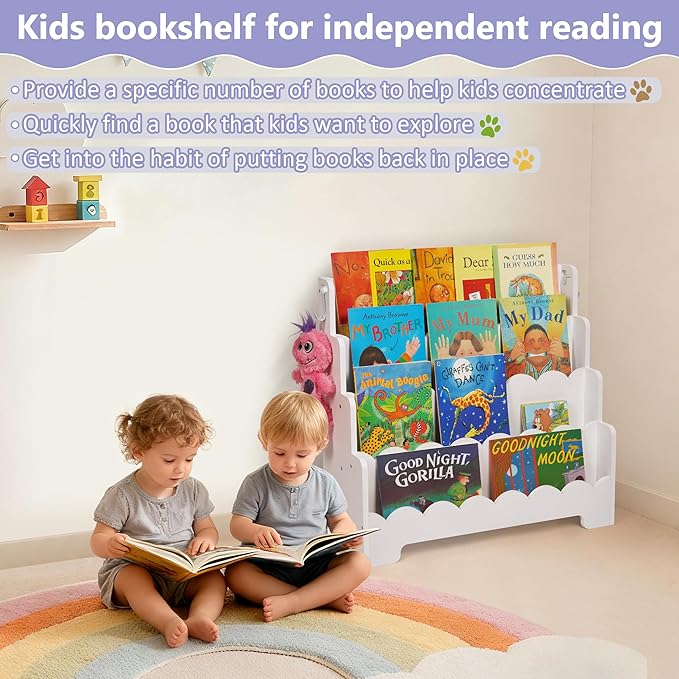 Kids Bookshelf Wooden 4-Tier, Scalloped Book Shelf for Kids Rooms, Front Facing Toddler Montessori Bookshelf, Baby Nursery Book Shelves Kid Classroom Book Shelf Bookcase