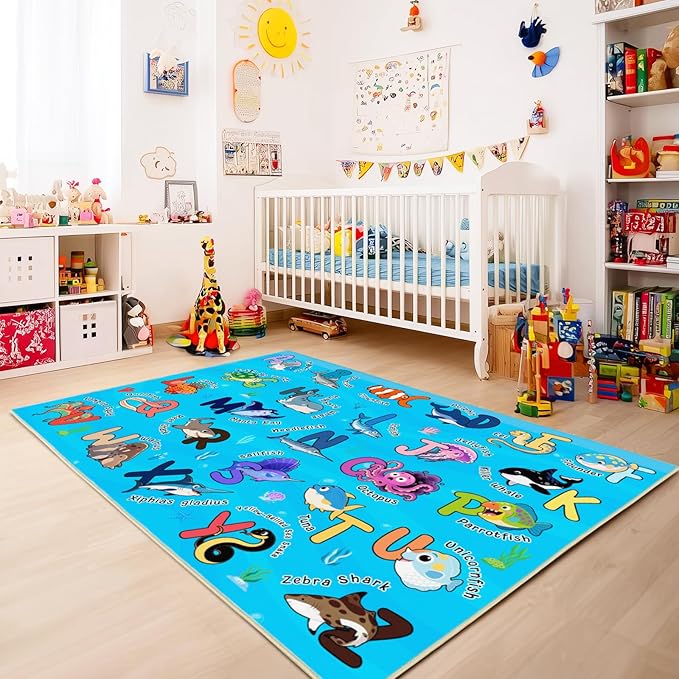 Kids Rugs for Playroom, 3x4 Feet Educational Rug for Learn The ABC Alphabet, Soft Machine Washable Non-Slip Cute Marine Organisms Carpet for Classroom Toddler Nursery Kids Room Decor, Blue