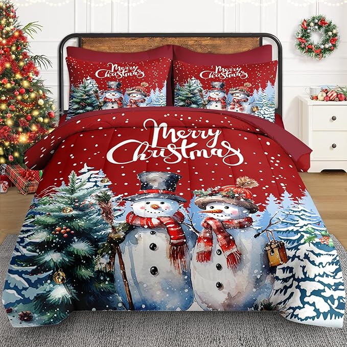5 Pcs Twin Size Christmas Comforter Set with Pillowcase & Sham, Winter Wonderland Bedding for Kids and Adults, Happy Snowman Bed in a Bag with Flat Fitted Sheet