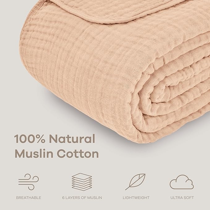 Comfy Cubs Muslin Throw Blanket - 50” x 60” Quilted Design - Lightweight, Breathable 6-Layer Gauze Fabric - Soft Cotton Blanket for Home or Travel - Packaged in Elegant Gift Box - Cream