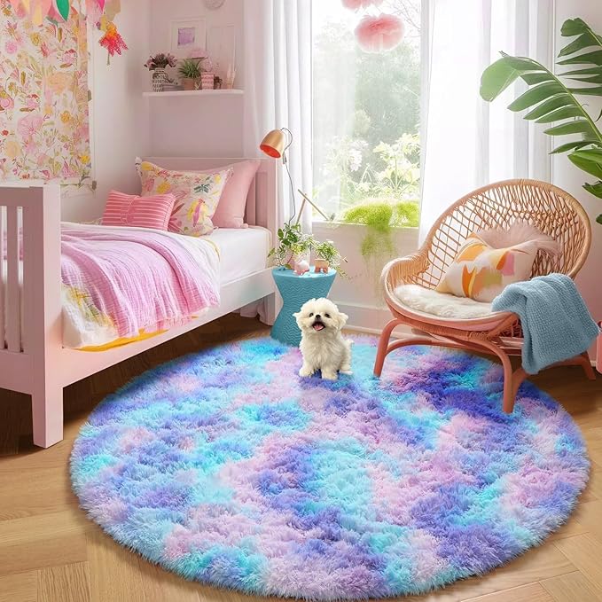 Amdrebio Purple Rainbow Round Area Rug 7Ft for Girls Bedroom Living Room Decor, Mermaid Stitch Frozen Kids Rugs for Playroom Nursery Classroom, Fluffy Fuzzy Cute Plush Carpet, Large Big Circle Rug