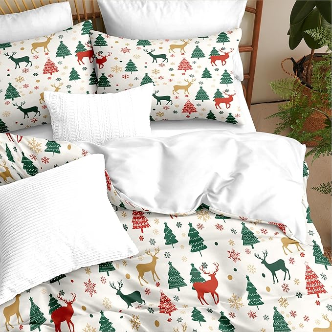 Christmas Duvet Cover Twin Size Green Christmas Tree Bedding Set Kids Boys Girls Xmas Deer Pattern Comforter Cover 2 Pcs with Zipper Closure (No Comforter)