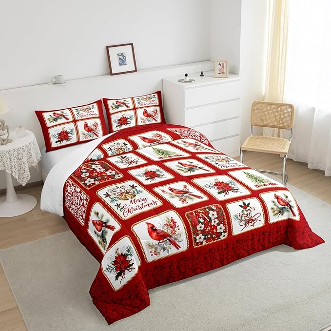 Merry Christmas Comforter Set Toddler Size,Red Patchwork Xmas Themed Plaid Bedding Set for Kids Boys Girls Adult,Cardinals Berries Bells Floral Pine Print Quilted Duvet Set with 1 Pillowcase