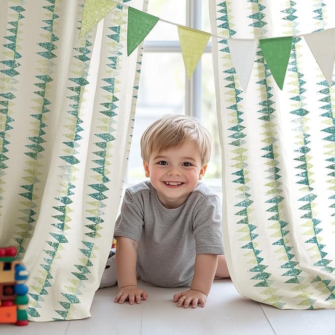 jinchan Linen Nursery Curtains for Living Room Boho Curtains for Bedroom Kids Room 96 Inches Long Geometric Printed Farmhouse Drapes Rod Pocket Window Treatment Curtain Set of 2 Panels Green