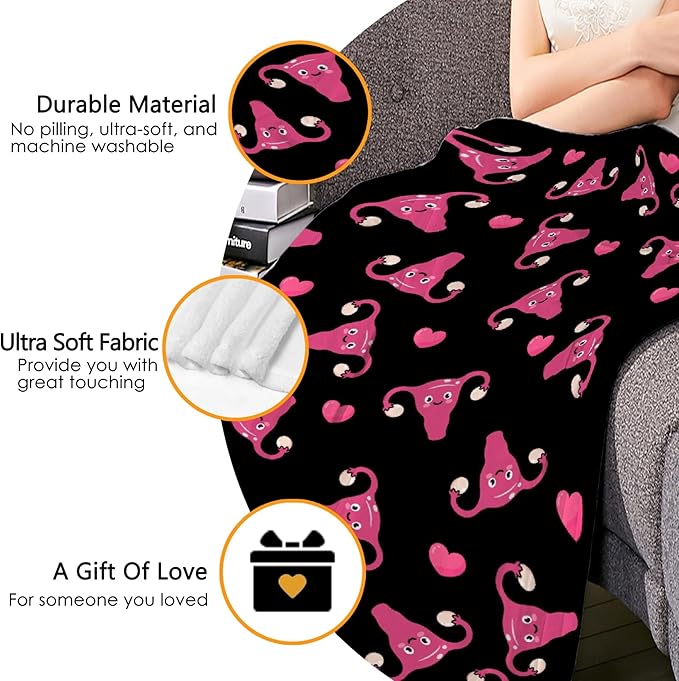 Thuswarm Cute Uterus Heart Flannel Throw Blanket Warm Cozy Soft Funny Print Blankets for Bed Couch Sofa Room Decoration Gifts 120"×90" Extra Large for Family