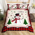 Manfei Cute Snowman Duvet Cover Set Queen Size, Xmas Trees Snowflake Comforter Cover with 2 Pillowcases, Christmas Theme Red Plaid Bedding Set 3pcs for Kids Girls New Year Bedspread Cover,No Comforter