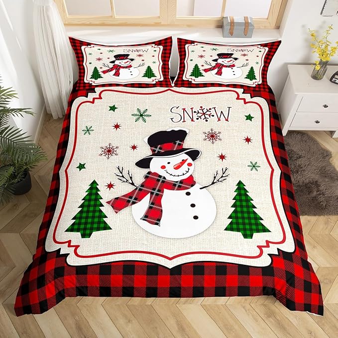 Manfei Cute Snowman Duvet Cover Set Queen Size, Xmas Trees Snowflake Comforter Cover with 2 Pillowcases, Christmas Theme Red Plaid Bedding Set 3pcs for Kids Girls New Year Bedspread Cover,No Comforter