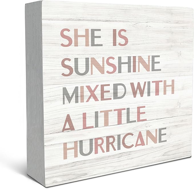 SRADMO She Is Sunshine Mixed with a Little Hurricane Boho Wood Box Sign Desk Decor 8x8, Baby Girls Inspirational Quotes Wooden Block Box Sign Decoration For Girls Room Nursery Playroom Table Decor