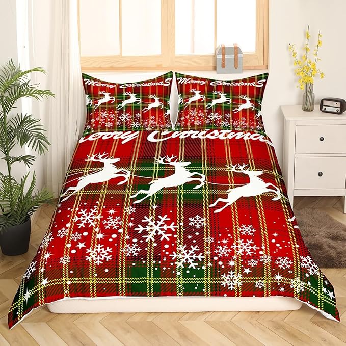 Manfei Christmas Duvet Cover Set Twin Size, White Deer and Snowflake Print Comforter Cover with 1 Pillowcase, Red Plaid Print Bedding Set 2pcs for Kids Boys Girls Bedroom Decor,No Comforter