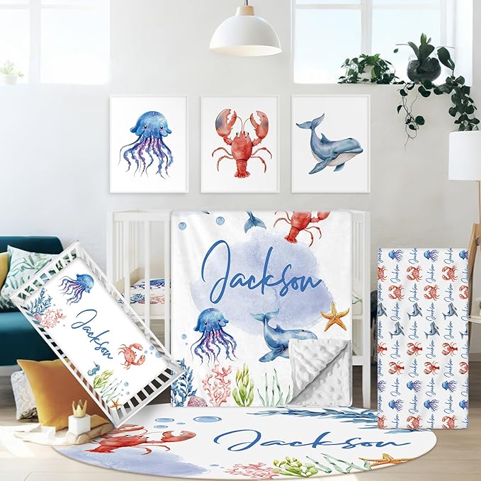 Custom Baby Crib Bedding Set, 5 Pcs Personalized Baby Crib Set with Name, Ocean Animals Design Nursery Bedding Sets, Toddler Bedding Set, Newborn Infant New Parents Customized Gift