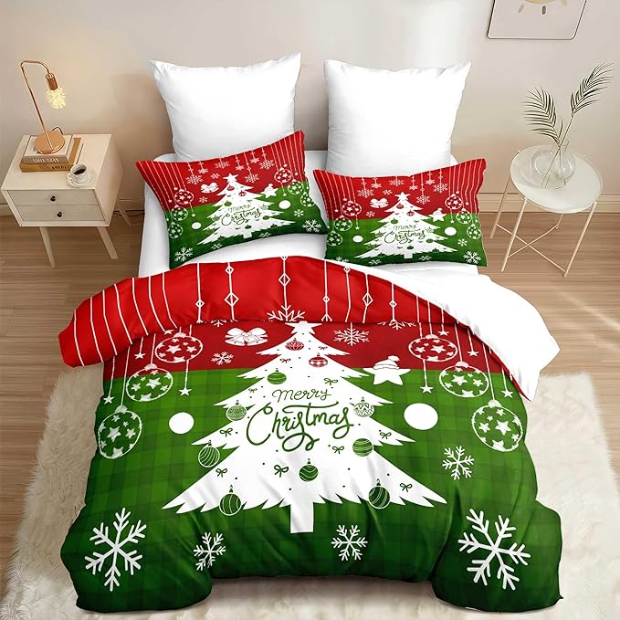 Red Christmas Duvet Cover Twin Size Green Christmas Tree Gingham Bedding Set 2 Pieces Kids Boys Girls Checked Holiday Pattern Comforter Cover with Zipper Closure And 1 Pillowcase (No Comforter)