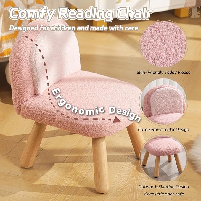 Kids Chair Toddler Chairs Comfy Sherpa Toddler Couch Sofa, Fluffy Kids Desk Chair for Drawing, Wooden Kid Reading Chairs, Boys Girls Desk Chairs for Bedroom/Playroom/Nursery/Gifts, Pink