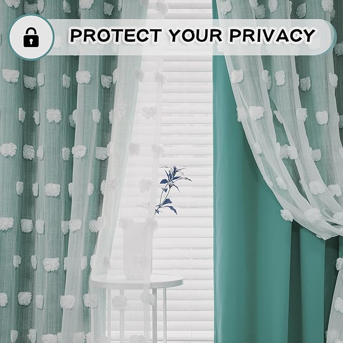MYSKY HOME Teal Living Room Curtains Kids Curtains for Boys Bedroom 84 Inches Long Double Layer Curtains for Kids Room Darkening Grommet White Pom Pom Sheer Blackout Curtains 52 x 84 Inch 2 Panels