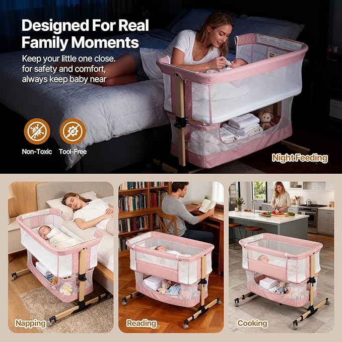 Baby Bassinet Bedside Sleeper, 3-in-1 Bedside Bassinet, 5 Height Adjustable Rocking Baby Crib, Breathable Full Mesh, Mosquito Net, Storage Basket, Stable and Secure Bassinets for Newborn Infant