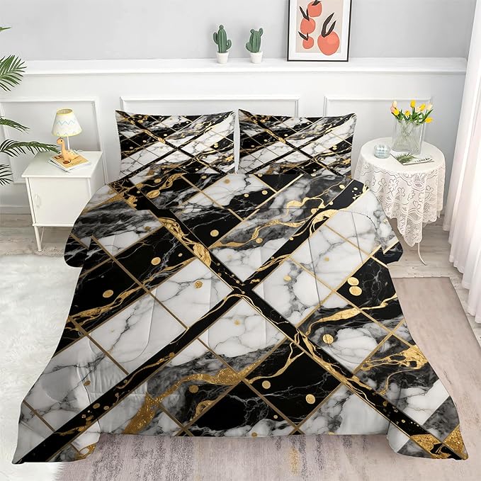 Black and White Marble Comforter: Queen Size Geometric Abstract Bedding Sets Gold Lines Marbling Quilts for Bedroom Decor 3PC Bed Set 1 Comforter & 2 Pillowcases